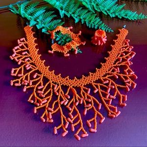 Handmade Beaded Jewelry Set Orange Bib Necklace